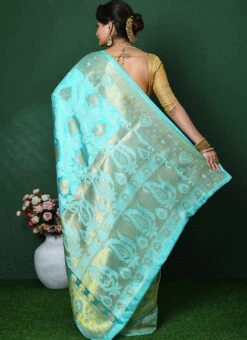 Zari Work Sea Blue Color Pure Silk Saree Festive Wear -ZariGrace Shop zari work sea blue color pure silk saree savns139h b