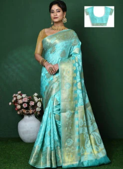Zari Work Sea Blue Color Pure Silk Saree Festive Wear -ZariGrace Shop zari work sea blue color pure silk saree savns139h u