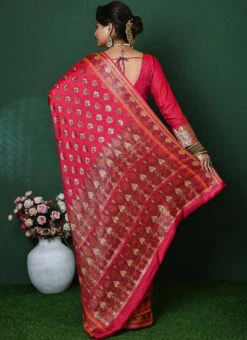 Zari Work Strawberry Red Color Pure Silk Chiffon Georgette Saree Festive Wear -ZariGrace Shop zari work strawberry red color pure silk chiffon georgette saree savns133a b