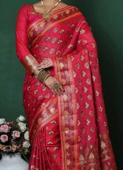 Zari Work Strawberry Red Color Pure Silk Chiffon Georgette Saree Festive Wear