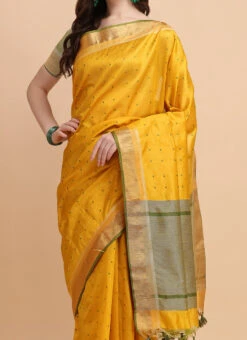 Zari Woven Yellow Color Bandhini Style Butti Saree Festive Wear